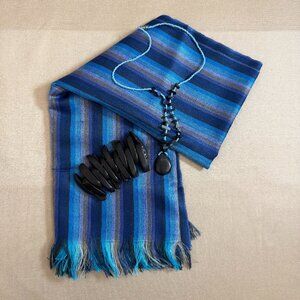Blue Purple And Gray Scarf And Blue And Black Beaded Tagua Necklace And Bracelet
